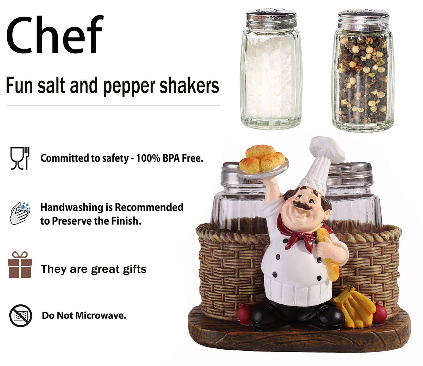 Salt and Pepper Shakers Set,Sitting Chef Decorative Statue Spice Organizer,Glass Spice Jars with Holder Figurine Gift for Family,Kitchen,Restaurant, Cafe,Bakery (Bread)