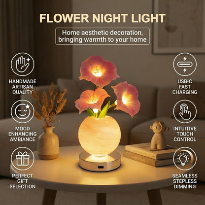Strackvial Flower Table Lamp, Rechargeable Cordless Touch Dimming Artificial Morning Glory Flower Desk Lamp, LED Flower Bedside Night Light Romantic Gifts for Girl Women Mom (Pink Morning Glory)