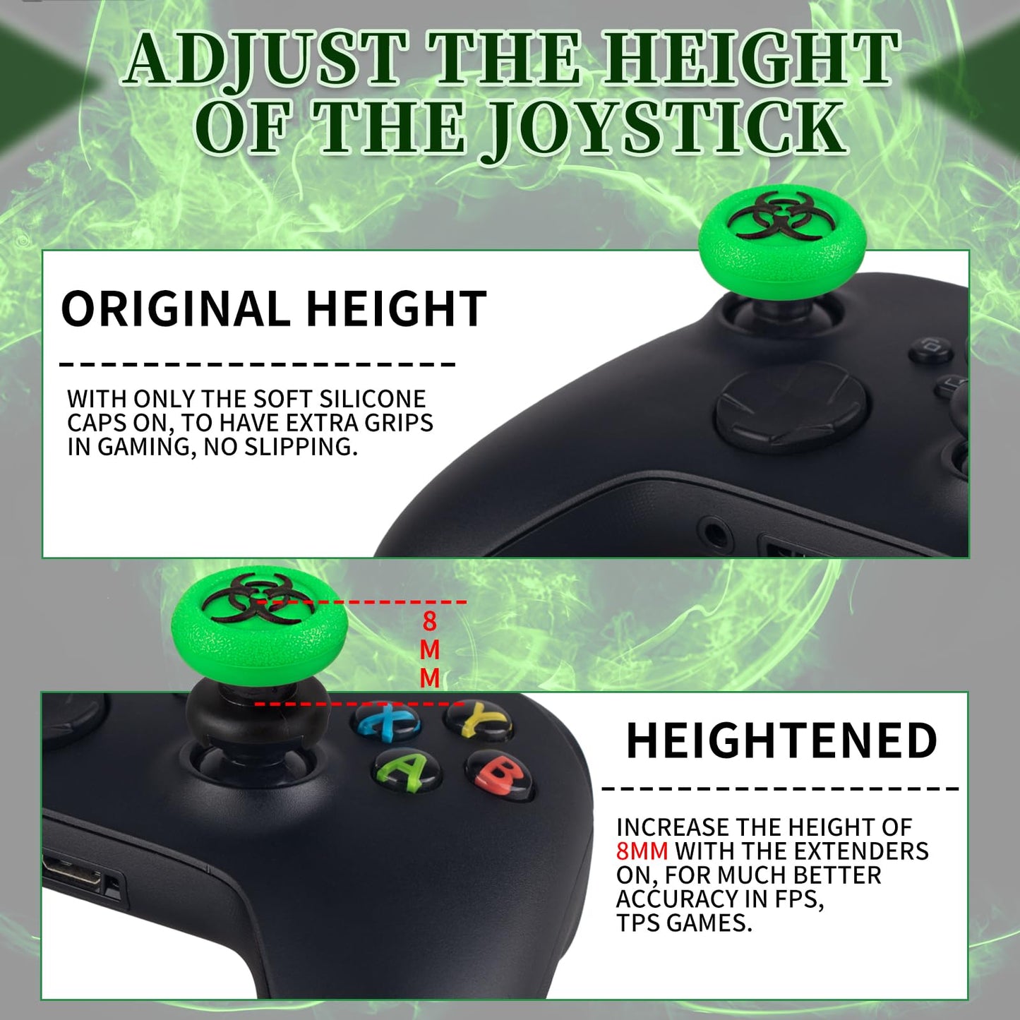 Playrealm FPS Thumbstick Extender & 3D Texture Rubber Silicone Grip Cover 2 Sets for Xbox Series X/S & Xbox One Controller(BioH Green)