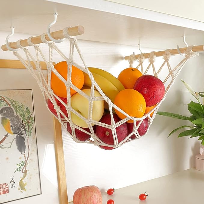 Hanging Fruit Hammock with Hooks, Hanging Fruit Basket Under the Kitchen Cabinet