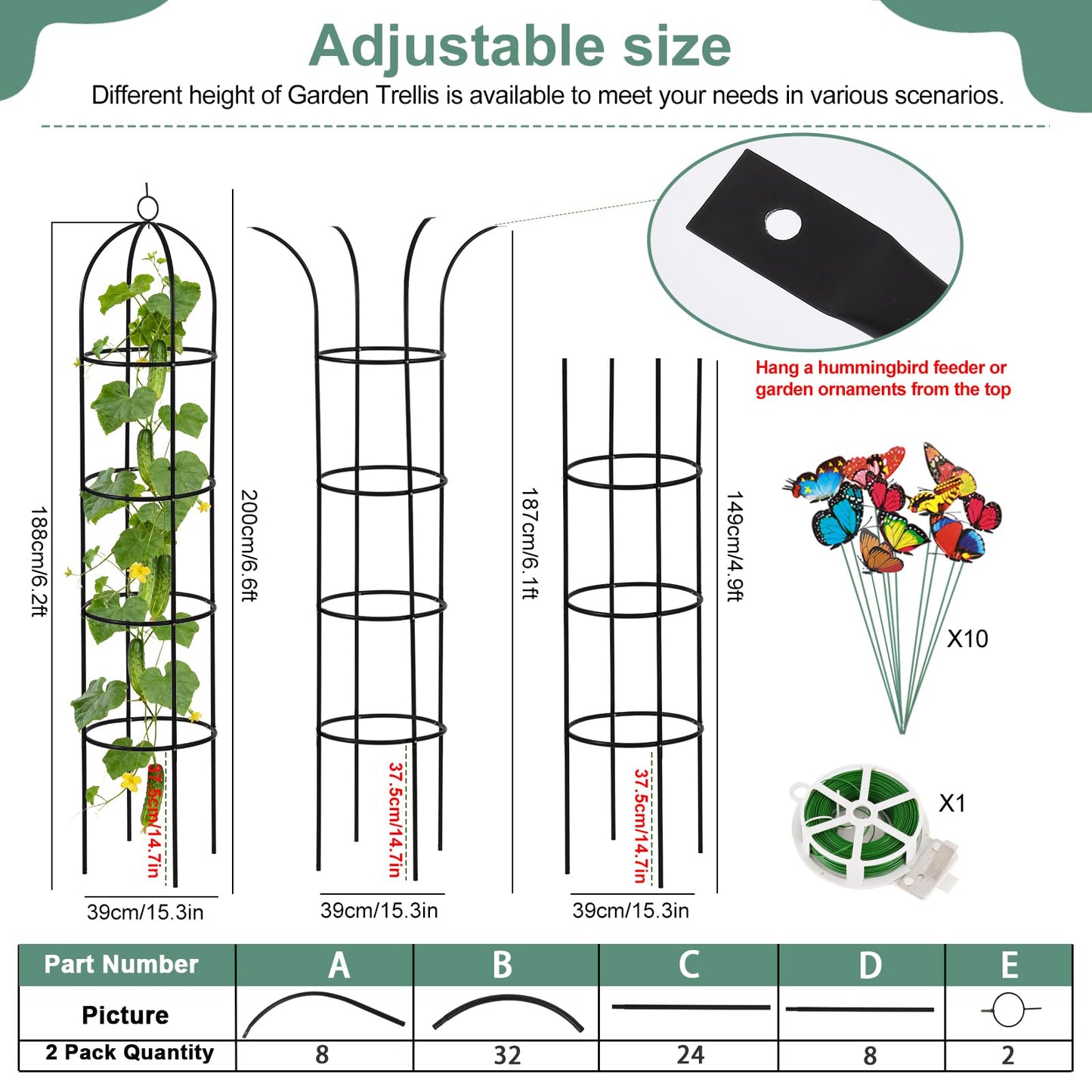 100% Metal 6.6 Ft Tower Obelisk Garden Trellis,2 Pack Plant Support for Climbing Plants Rose Bush Round Trellis for Pots Rustproof Metal Plant Flower Trellises for Clematis Vine Jasmine Outdoor Indoor
