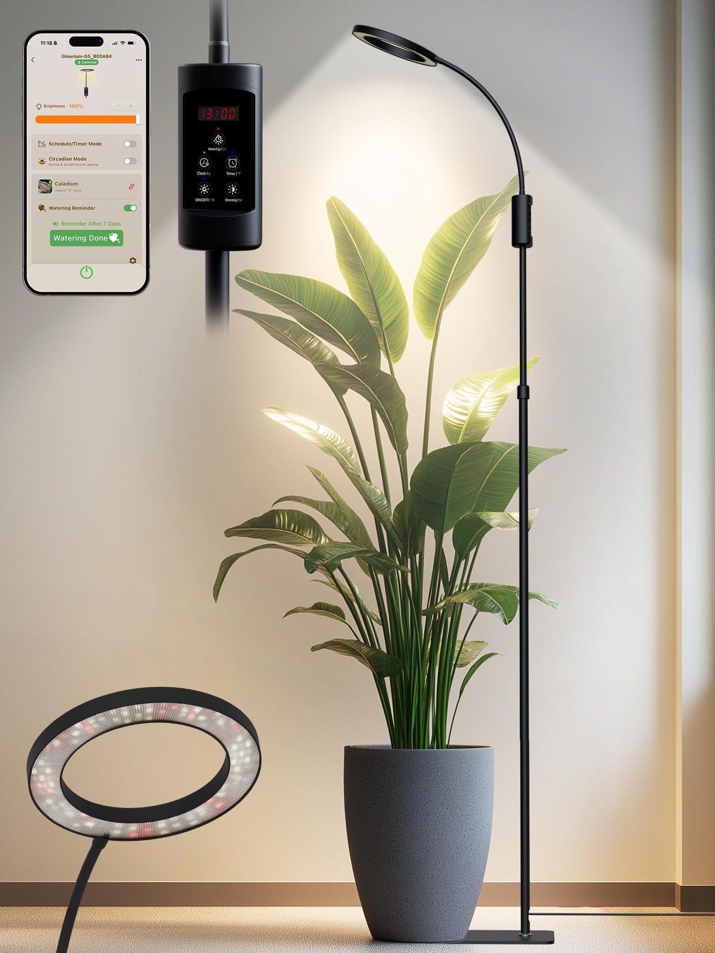 Smart Grow Lights for Indoor Plants, 24W Plant Light with Auto-Timer, Full Spectrum LED Grow Light, Adjustable Height & Stepless Dimming,Plant Assistant Suitable for Most Plants (Black)