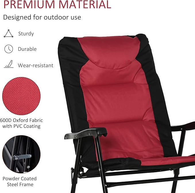 Outsunny Oversized Folding Rocking Camping Chair Set of 2, Padded Outdoor Rockers with High Back and Armrests, Portable Outdoor Patio Chairs with Steel Frame for Garden, Porch, Lawn, Red