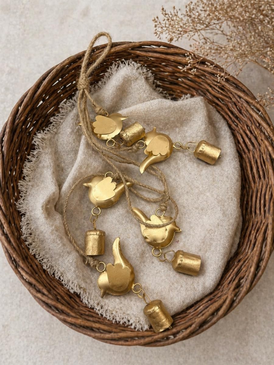 Rustic Gold Birds & Bells Garland with Rope Brass Rustic Handmade Metal Hanging Birds and Bells Cluster for Farmhouse Cow Bell Cluster Christmas, Holiday Garden Decor (5 Bird & 5 Bell String 27")
