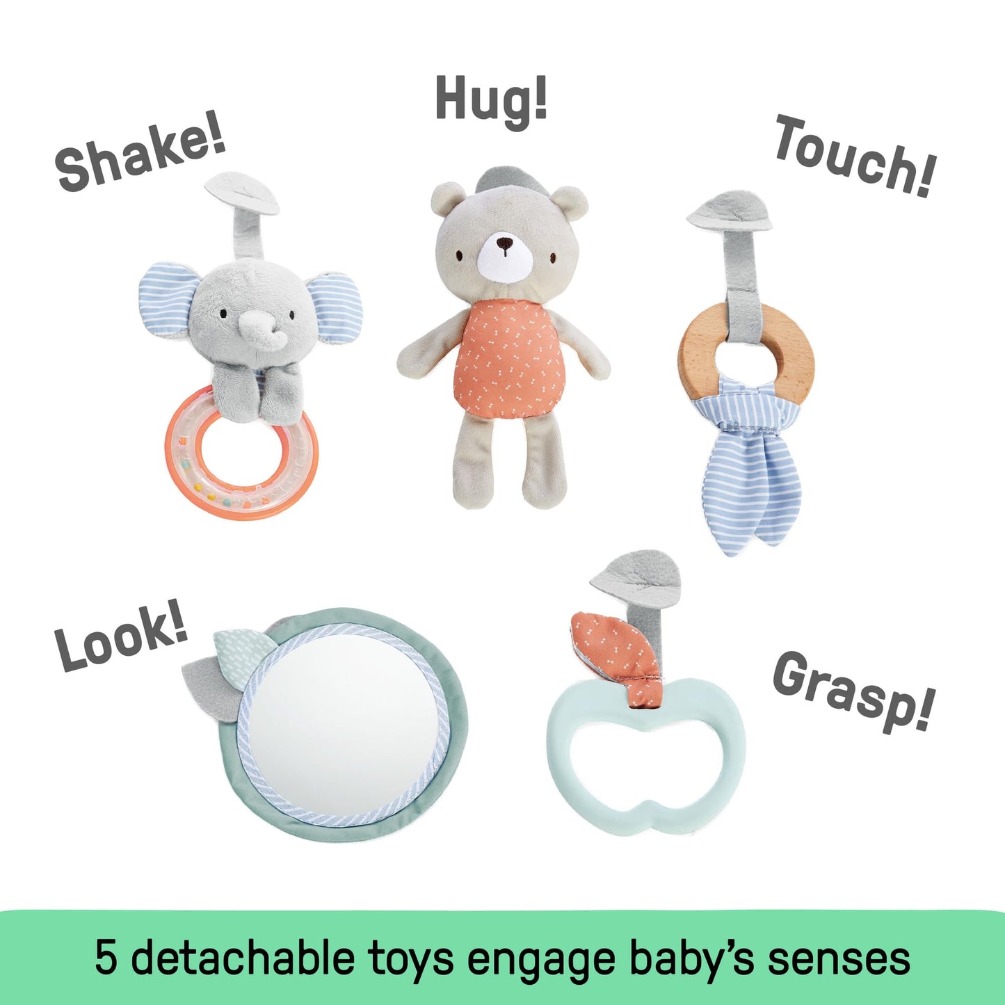 Ingenuity, Cosy Spot Reversible Duvet Activity Gym and Padded Play Mat with Wooden Removable Toy Bar, 6 Detachable Toys, Foldable for Easy Transport, Neutral Design - Loamy, Ages Newborn +