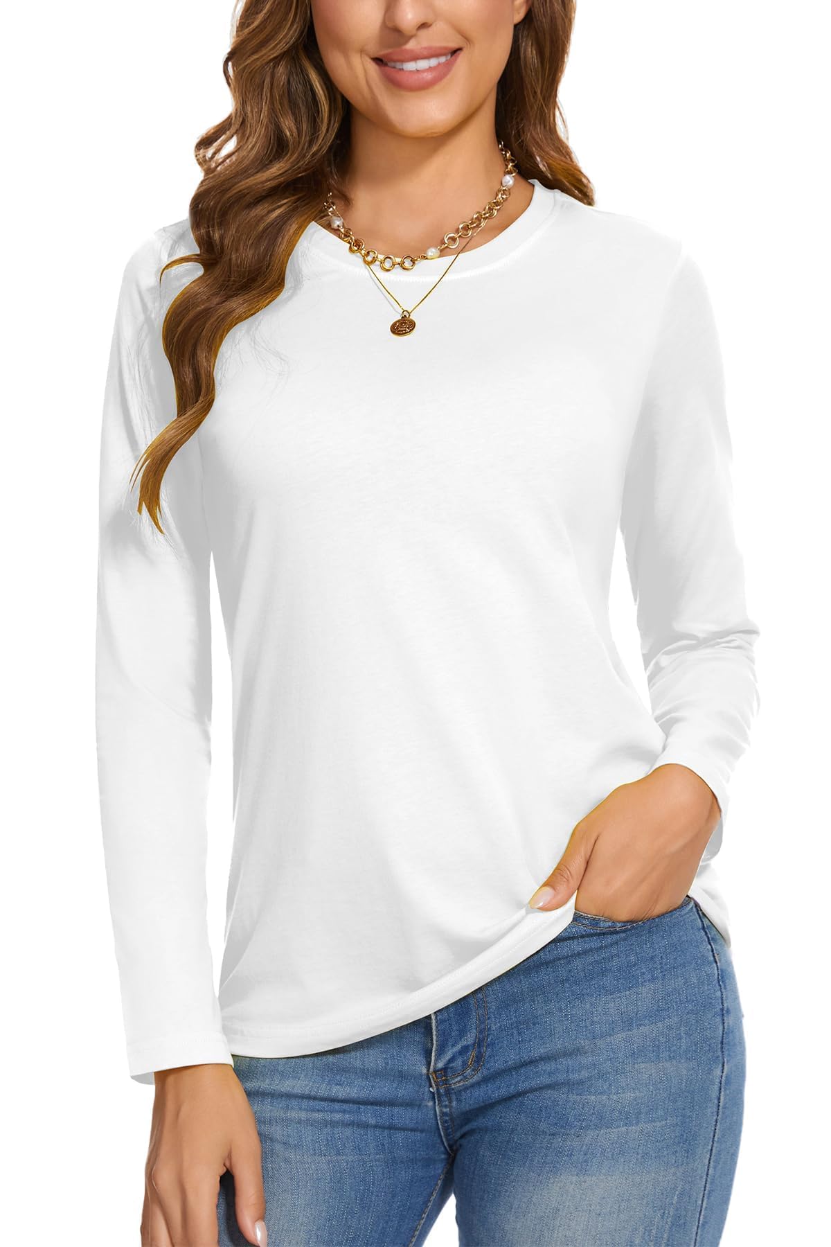 SMENG Ladies Cotton Tee Long-Sleeve Shirts Wicking Soft Crew-Neck T-Shirt Basic Solid Color Classic-Fit Shirt White L