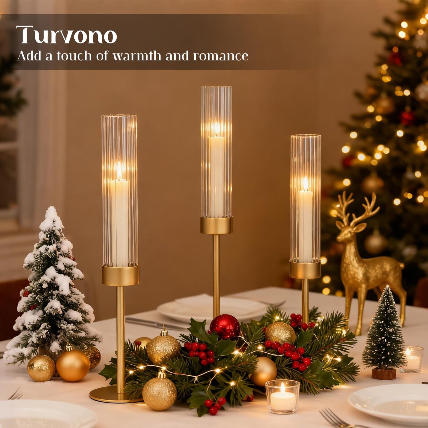 Turvono Gold Hurricane Candle Holders Set of 3, Brass Taper Candle Holders for Candlesticks, Elegant Tall Candle Sticks Holder Decor for Table Centerpiece, Wedding & Christmas Decorations