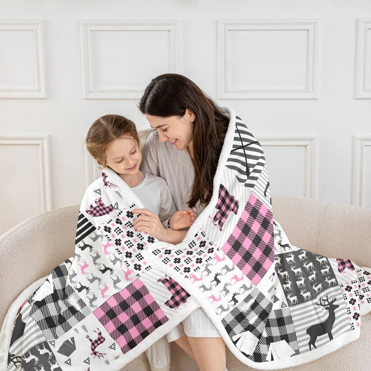 Deer Fleece Throw Blanket for Girls Boys - Pink Plaid Bear Antlers Plush Sherpa for Hunting and Camping - Bear Moose Lodge Patchwork Fuzzy Geometric Room Decor - Baby 30"x40"