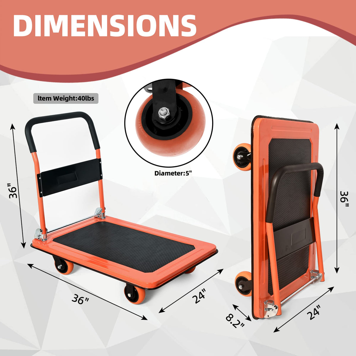 Platform Truck Heavy Duty Cart,1100Lbs Hand Truck Push Cart Dolly with 5'' 360 Degree Swivel Wheels for Loading and Storage 36x24Inch