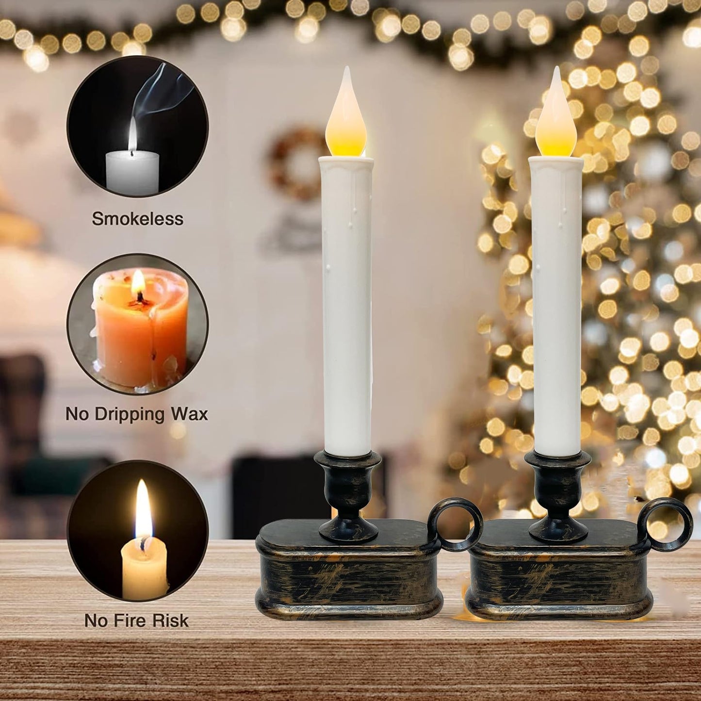 Doratale 4 Pack Window Candles with Sensor Dusk to Dawn, Christmas Window Candles Battery Operated, LED Flameless Taper Candle for Christmas Home Decor Table Window, Bronze Base