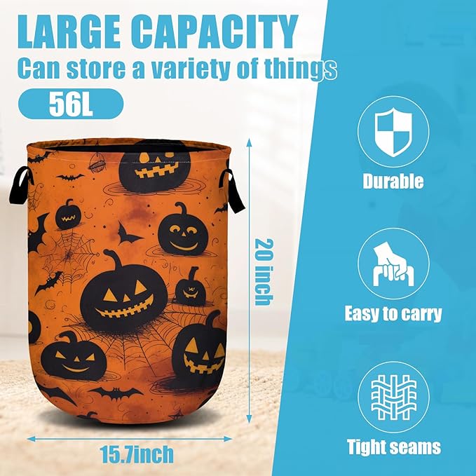 Spooky Pumpkin Laundry Basket, Halloween Laundry Hamper Collapsible Oxford Cloth