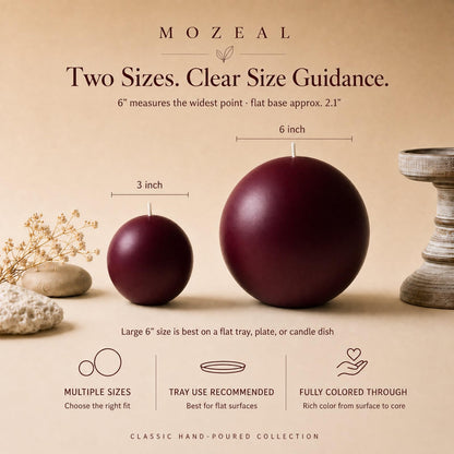MOZEAL Hand-Poured, 6 Inch Burgundy Large Round Ball Candles - Elegant Burgundy Round Pillar Candles, Dripless, Unscented, Smokeless, Ideal for Intimate Gatherings.