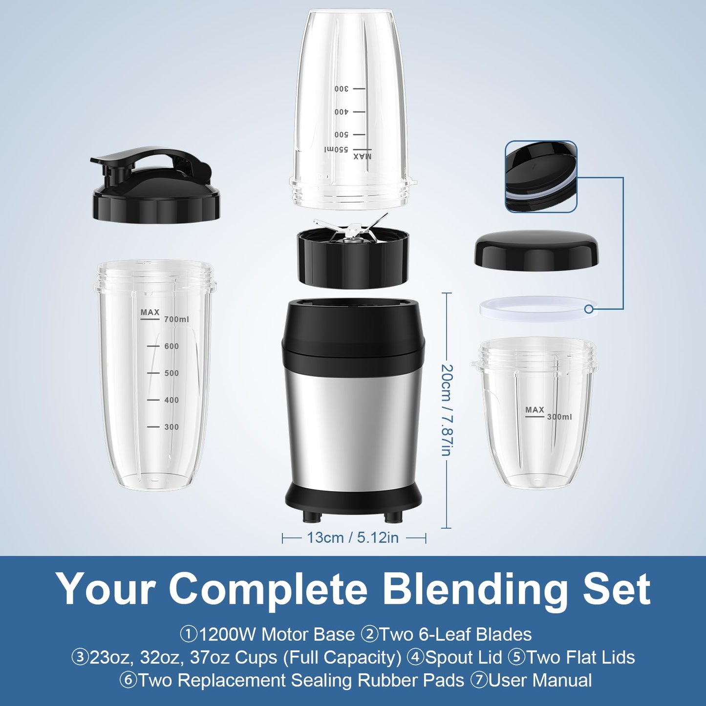 12-Piece Smoothie Blender Maker 25,000 RPM Personal Blender for Ice Crushing Smoothies & Frozen Drinks Nuts with 23oz, 32oz, 37oz Portable Cups Two 6-Leaf Stainless Steel Blades, Silver
