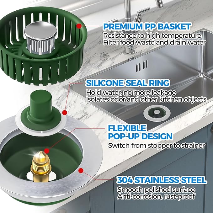 Upgraded 3in1 Kitchen Sink Drain Strainer & Sink Stopper, Stainless Steel