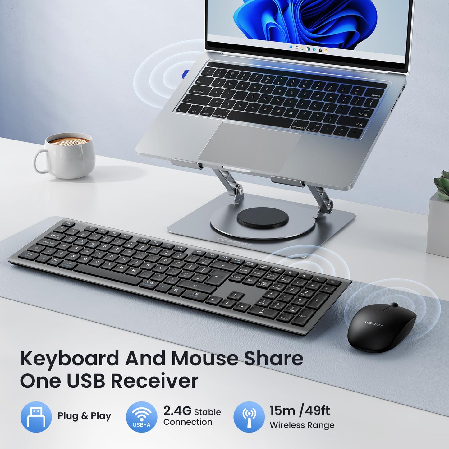 TECKNET Wireless Keyboard and Mouse Combo, Rechargeable Ultra Thin Full-Size Cordless Keyboard and Silent Click Mouse Set, 2.4G Plug & Play, QWERTY UK Layout Keyboards for Windows PC Laptop Computer