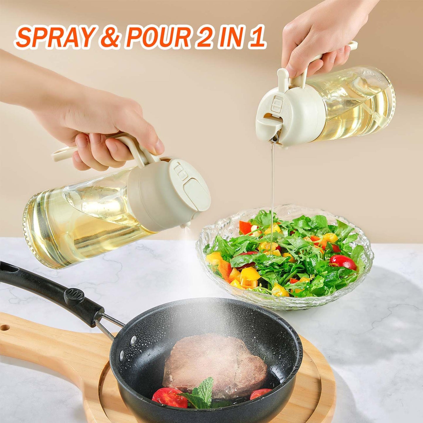 With Stickers 16oz Olive Oil Sprayer for Cooking - 2 in 1 Spray & Pour Olive Oil Dispenser - 470ml Glass Spray Oil Bottle - Kitchen Gadgets