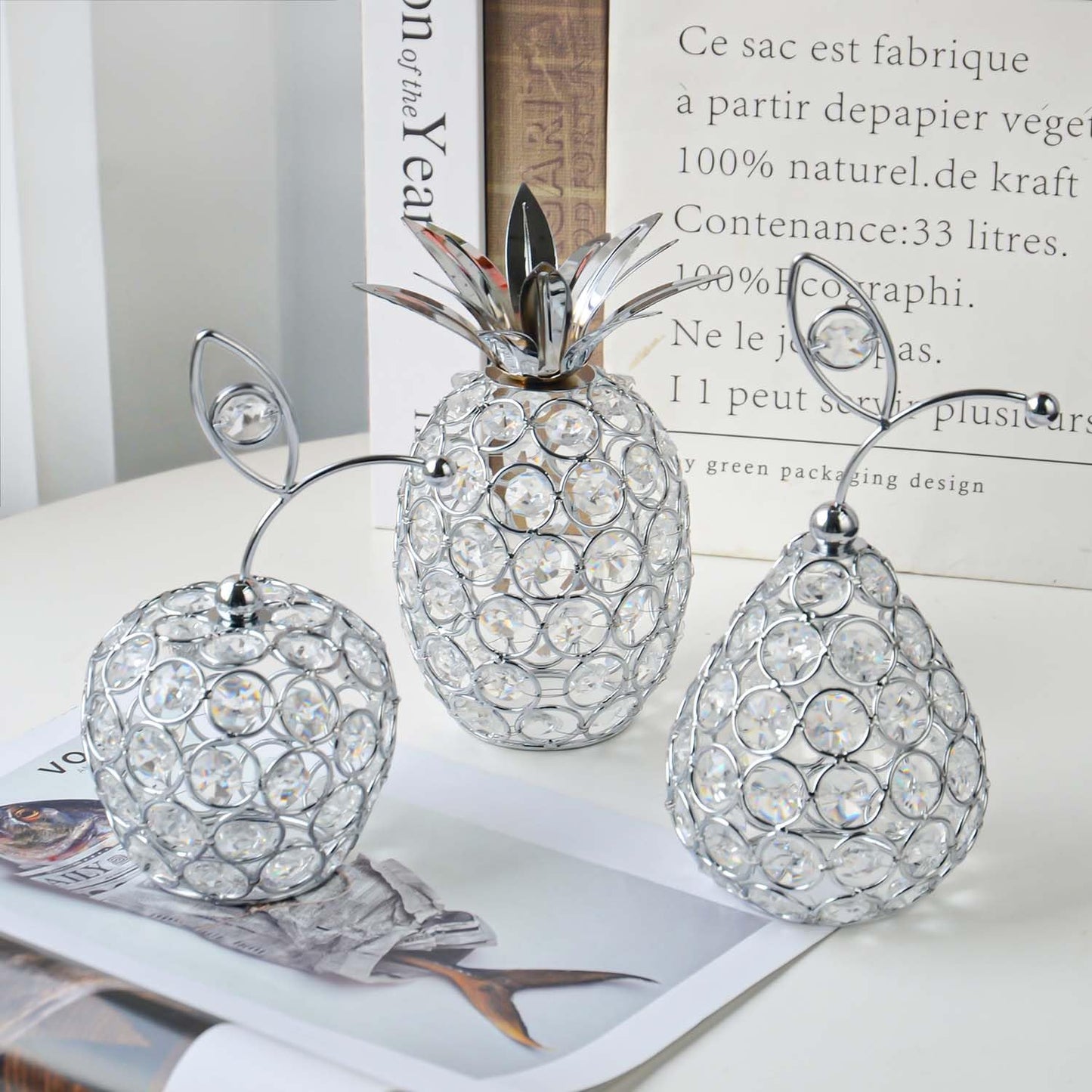kehail Set of 3 Crystal Metal Pineapple Pear Table Centerpiece Handmade Crystal Candlestick Hollow Fruit Ornament Home Party Wedding Holiday Bar Decoration (Silver, Set of 3)
