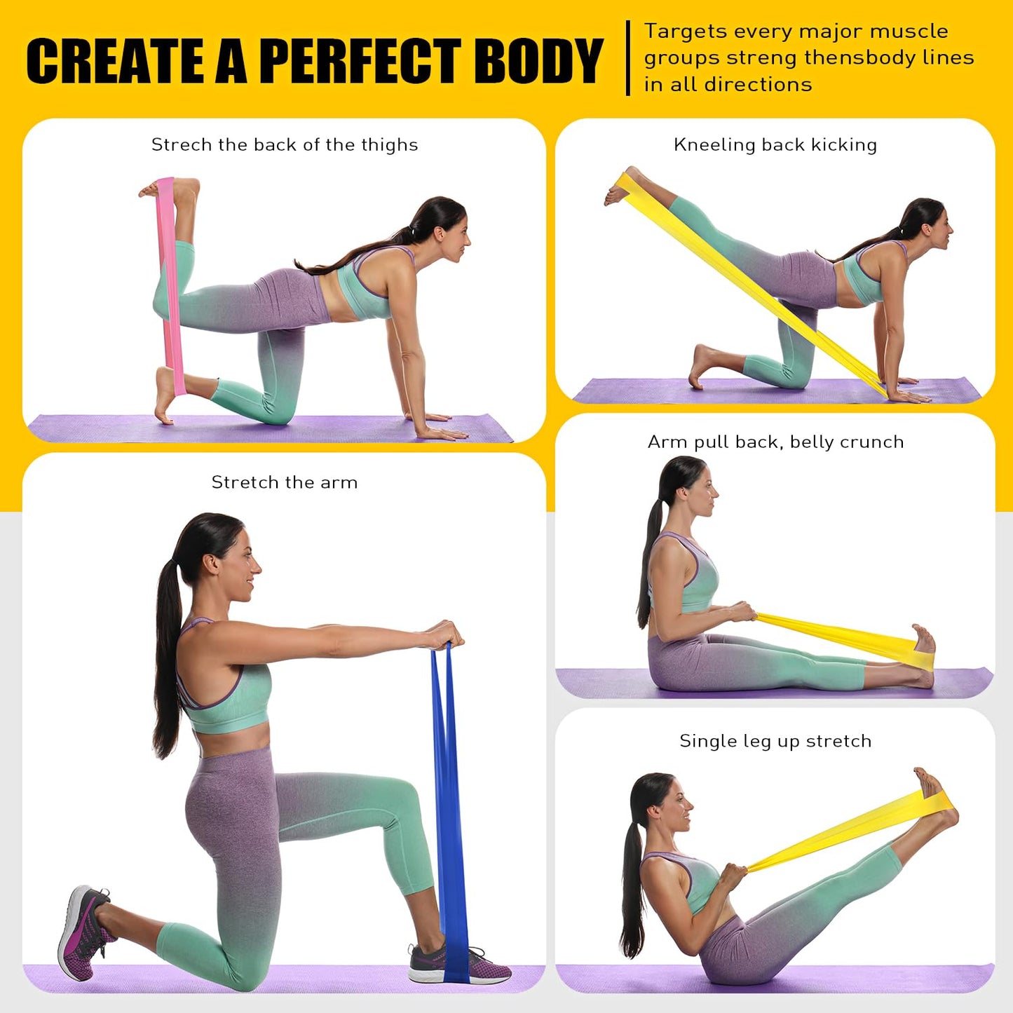 Resistance Bands, Exercise Bands, Physical Therapy Bands for Strength Training, Yoga, Pilates, Stretch Elastic Band with Different Strengths, Workout Bands for Home Gym