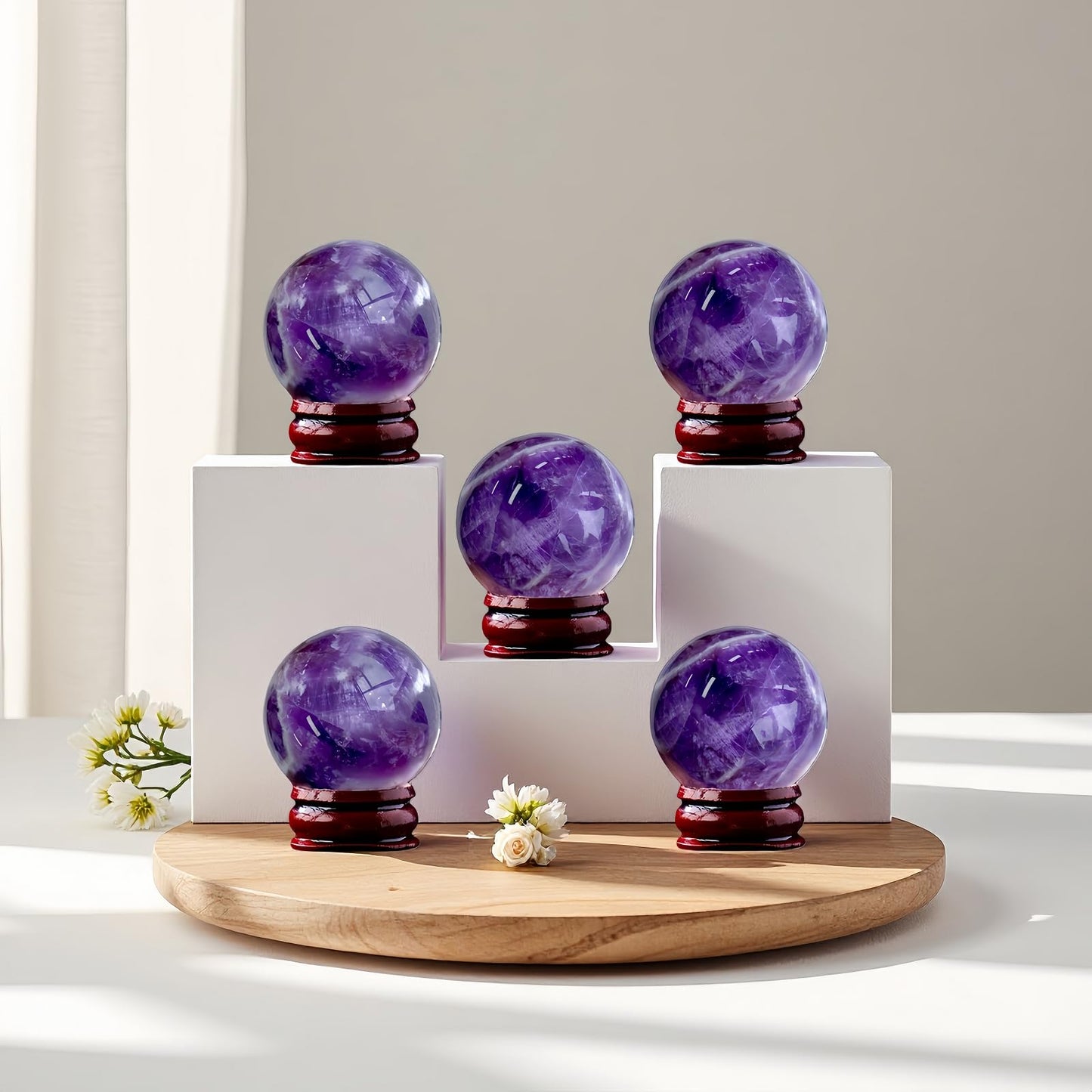 DUKIZA Natural Amethyst Ball 5PC Real Crystal Ball Crystal Decor Sphere for Healing Amethyst Ball Crystal Ball with Stand Real Crystal Sphere for Decor and Divination