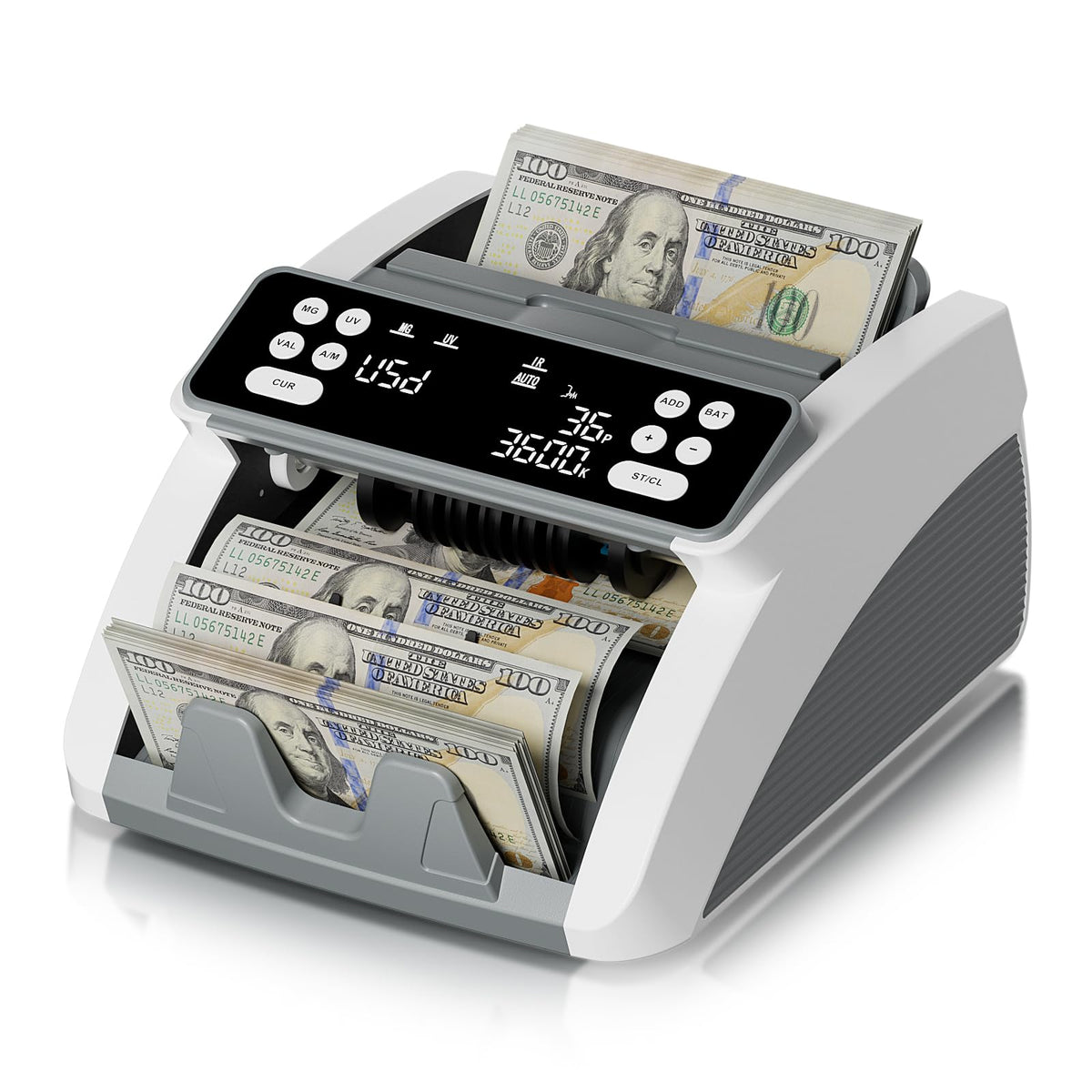 Money Counter Machine with Value Count for USD and EUR, UV MG IR Counterfeit Detection, Count Add Batch Auto Modes, Cash Counter with LED Display, Compact Powerful Design,Gray