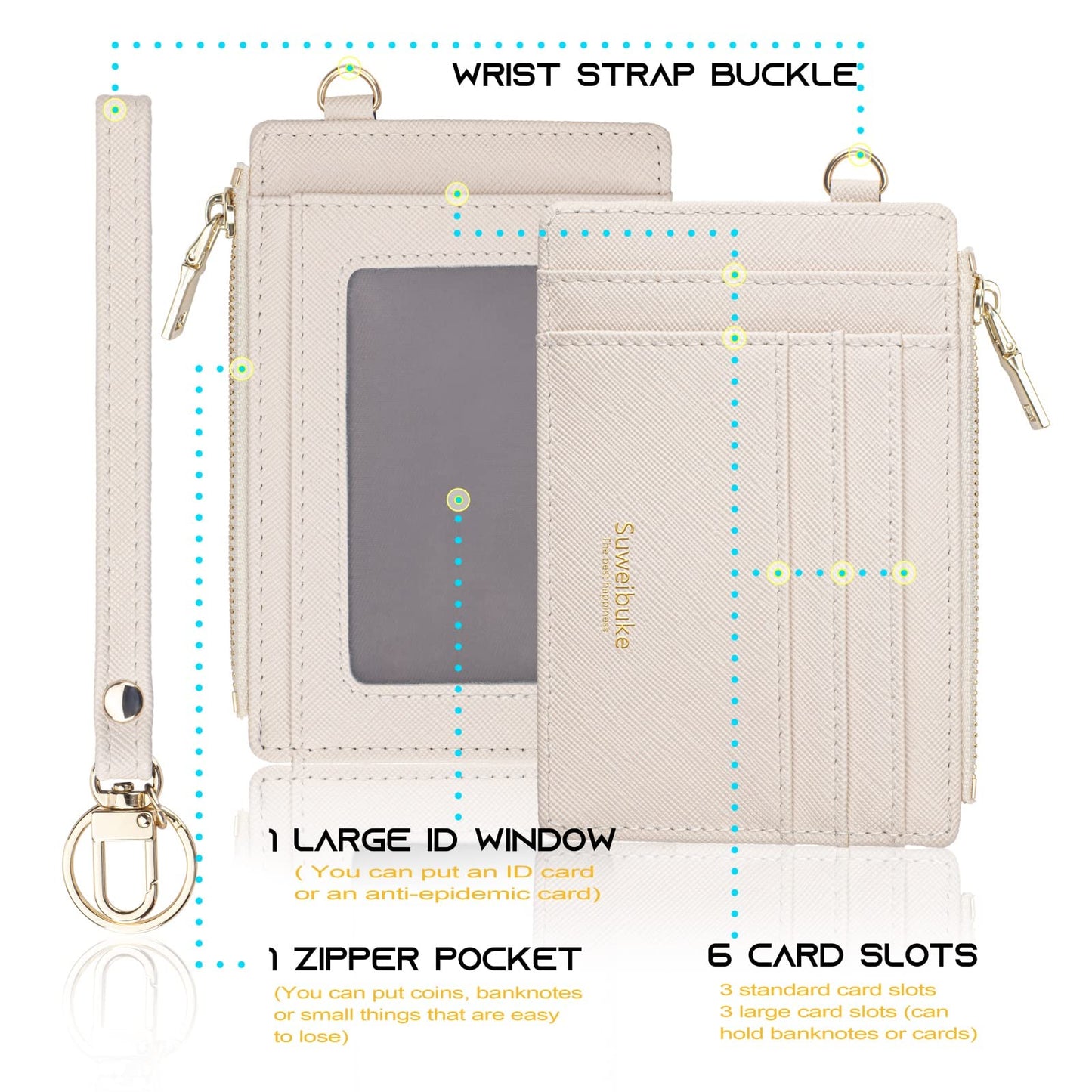 Women Slim Rfid Blocking Credit Card Case Holder Wristlet Zip ID Case Wallet Small Compact Leather Wallet Coin Purse with Keychain (Beige)