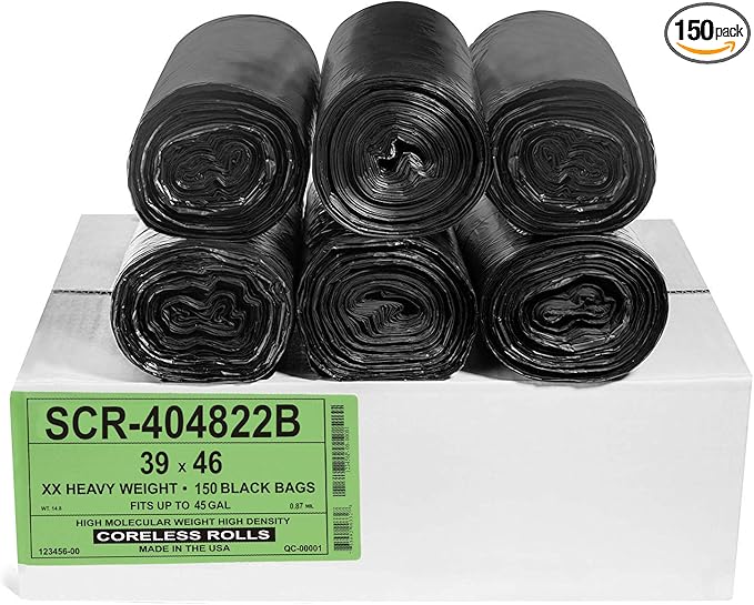 Aluf Plastics 45 Gallon 22 Micron Black Trash Bags