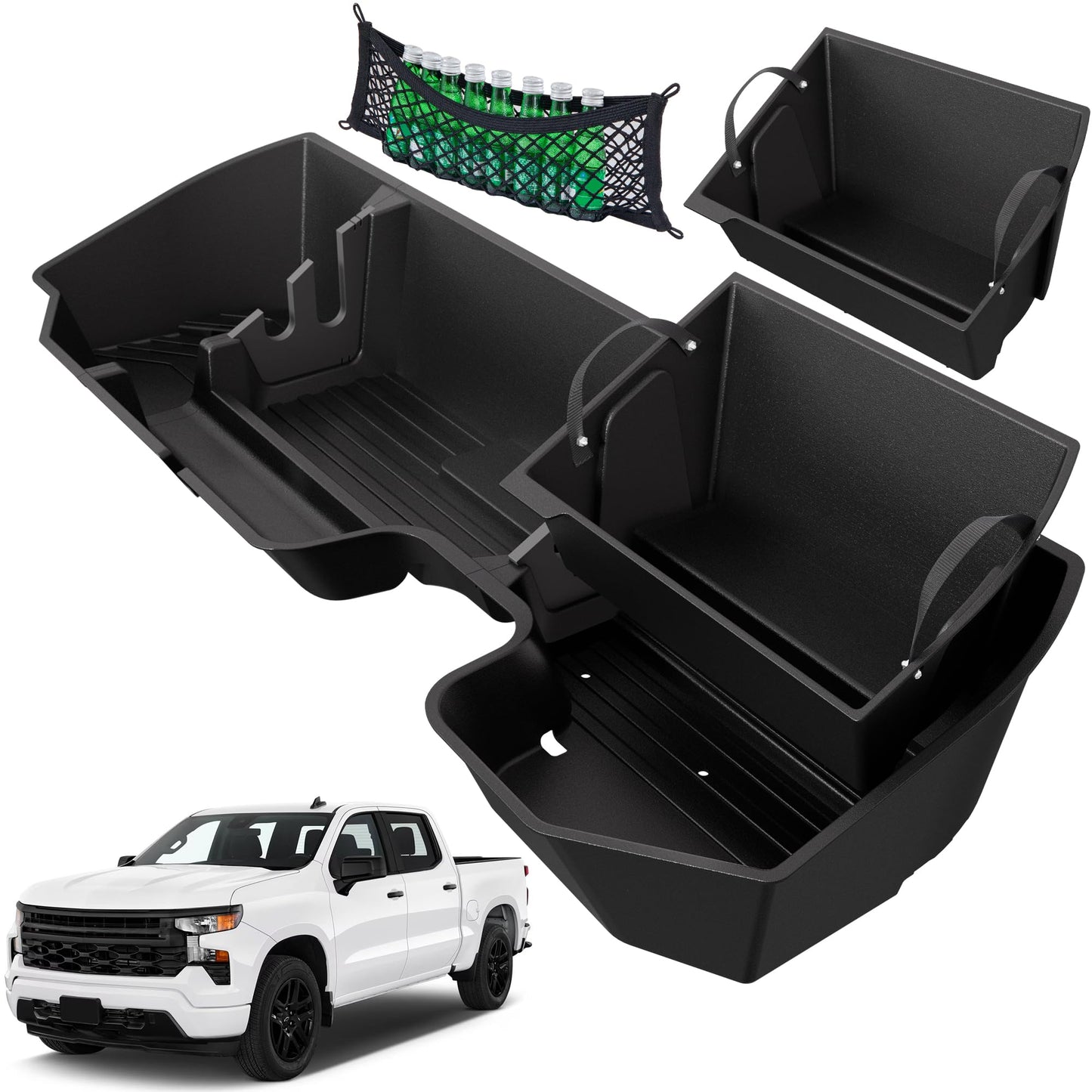 AutoBull Rear Underseat Storage Box For 2019-2026 Chevy Silverado/GMC Sierra 1500,Chevrolet Silverado/Sierra 2500HD 3500HD Double Cab &Crew Cab 2020-2026,Under Seat Storage Organizer w Bin & Mesh Net