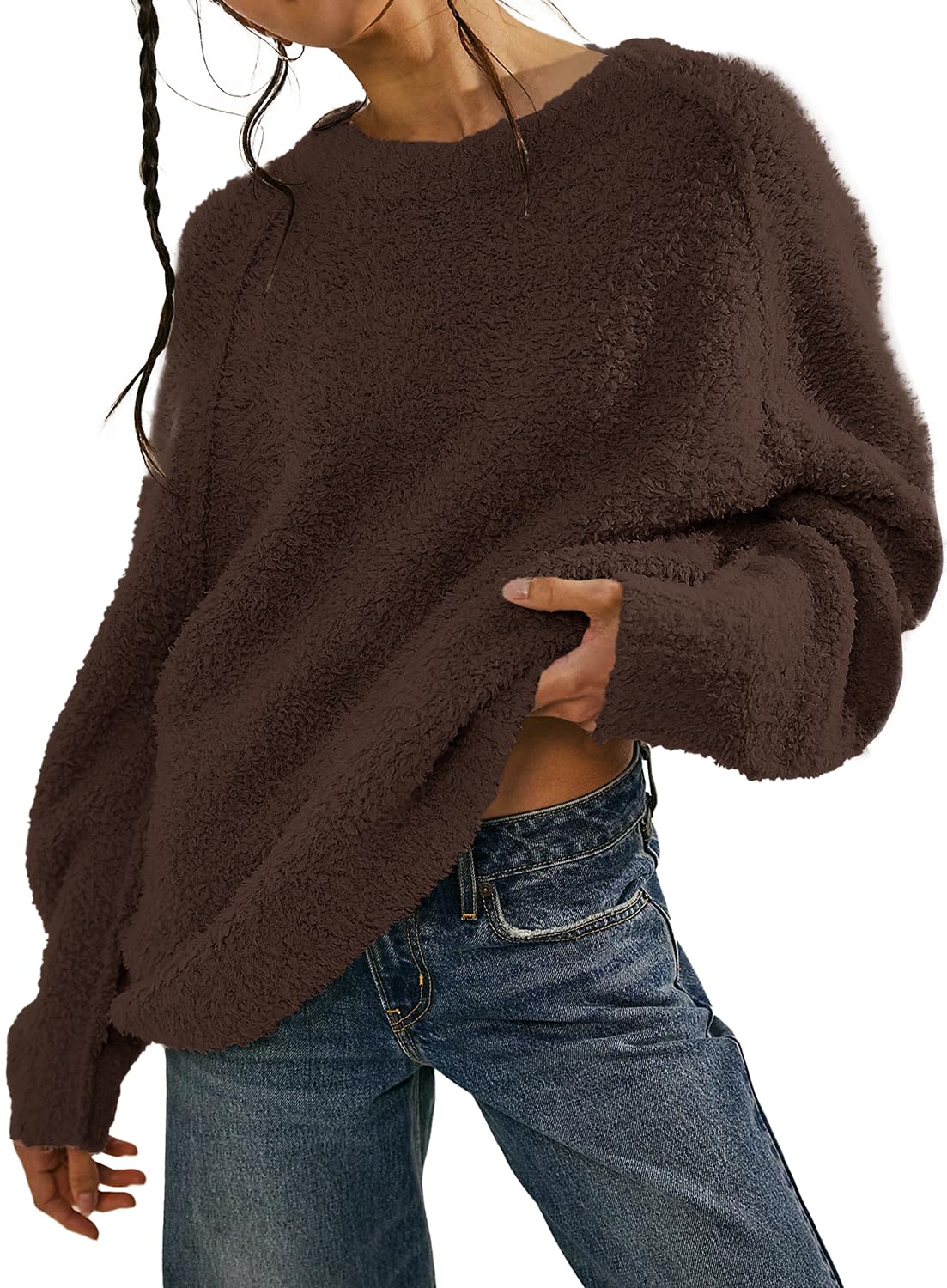 Beaully Women's Oversized Long Sleeve Crewneck Fuzzy Knit Warm Sweaters 2025 Fall Pullover Sweater Tops