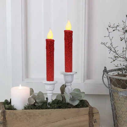 CVHOMEDECO. Glitter Flameless Candles Flickering Battery Operated LED Taper Candles with Timer for Home, Wedding, Halloween, Christmas Decor. Red, 6-3/4 Inch, Set of 2