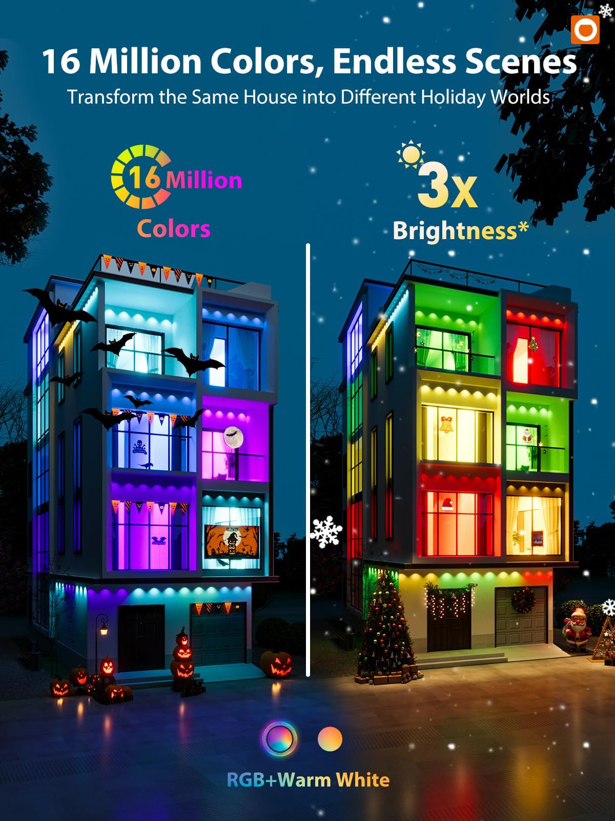 addlon Permanent Outdoor Lights, Smart RGB+IC LED Lights for House & Outdoor Decor, App & Remote Control, Scene Modes, IP67 Waterproof for Christmas, Holiday, Valentine's Day Decorations, 200FT