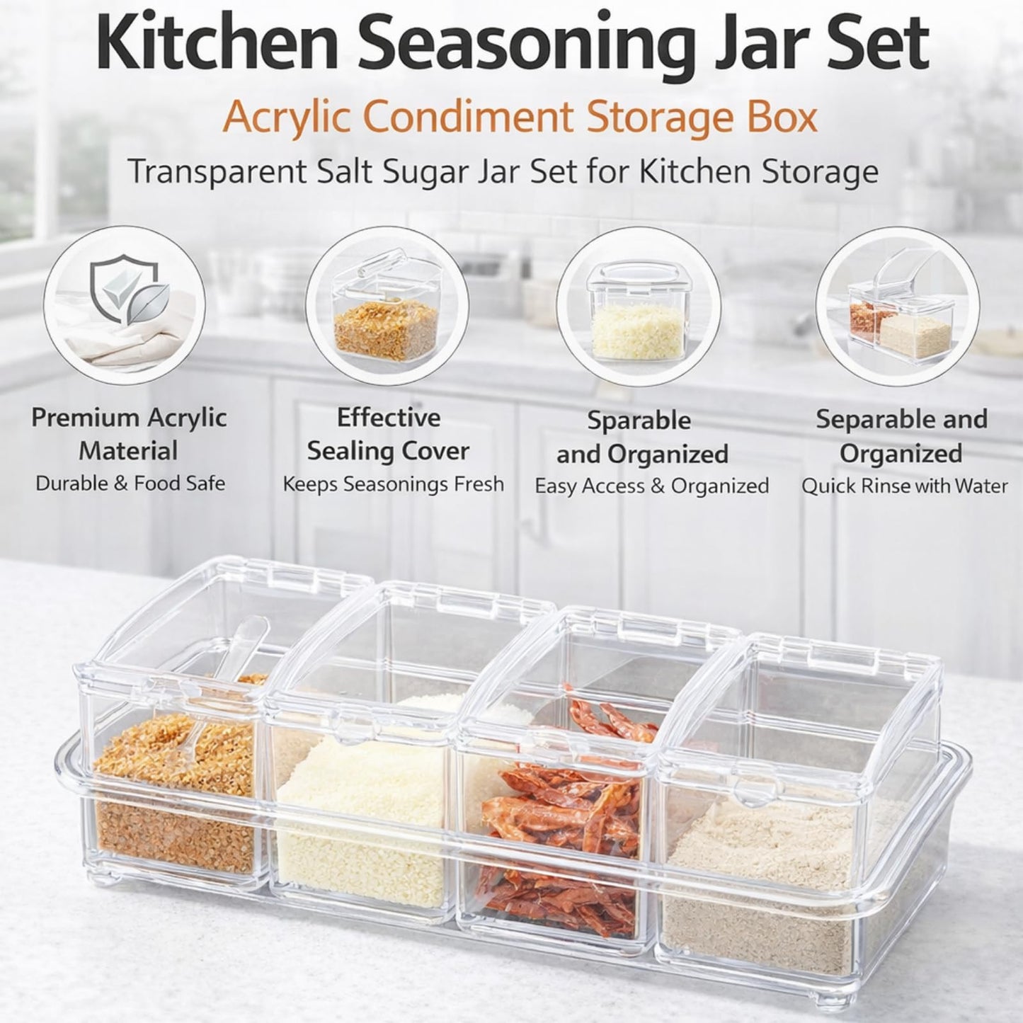 Pilipane Kitchen Seasoning Jar Set Acrylic Condiment Storage Box Transparent Salt Sugar Jar Set for Kitchen Storage Acrylic Material 4pcs