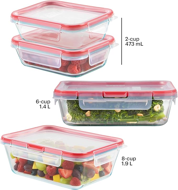 Pyrex Freshlock Mixed Sized Glass Food Storage Containers Set, Airtight &