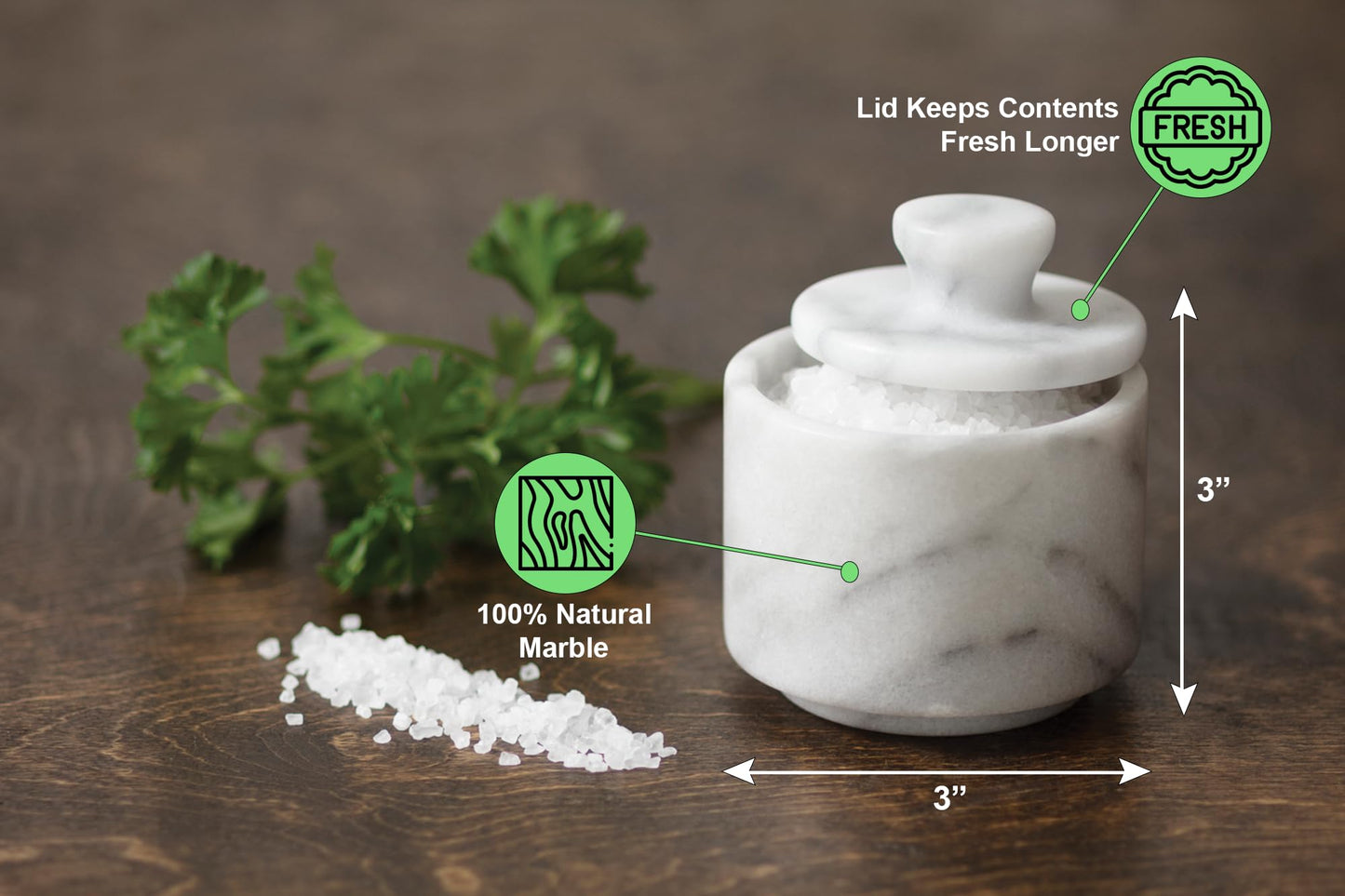 Fox Run Marble Salt Cellar With Lid, 3" x 3" White Salt Holder With Lid