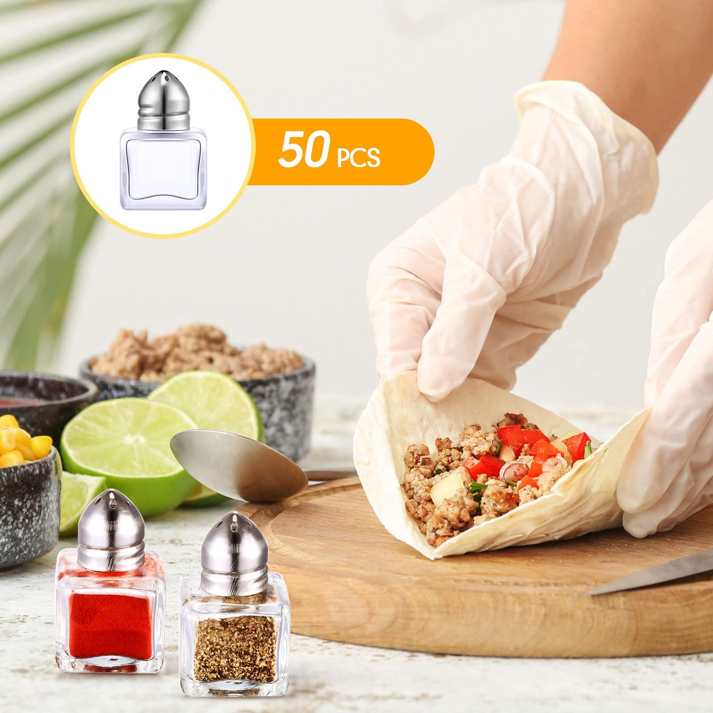 Potchen 50 Set Mini Salt and Pepper Shakers Small Salt and Pepper Shakers Bulk Clear Glass Individual Tiny Spice Seasoning Holders for Home Restaurant Kitchen Table Wedding Party Supplies(Silver)
