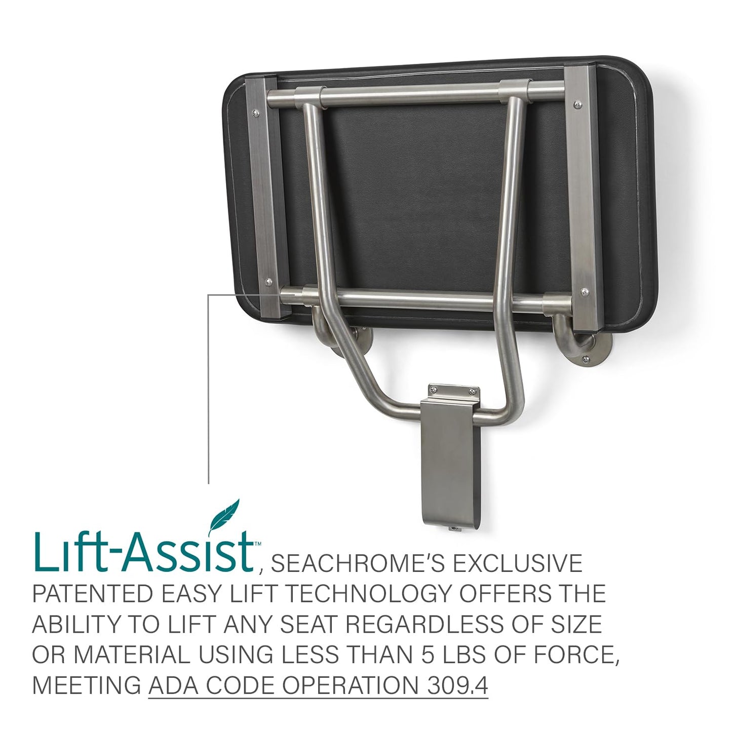 Seachrome 22" x 15" Black Padded Cushion Folding Wall Mount Bench Shower Seat, ADA Compliant
