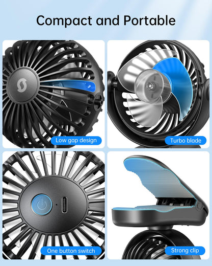 SWEETFULL Stroller Fan with Clip - Portable Rechargeable Mini Fan with Strong Clamp, 3 Speeds, 11Hrs Cooling, Cute Small Personal Desk Cooler for Bed Pet Carriers Umbrell Travel Outdoor - Black