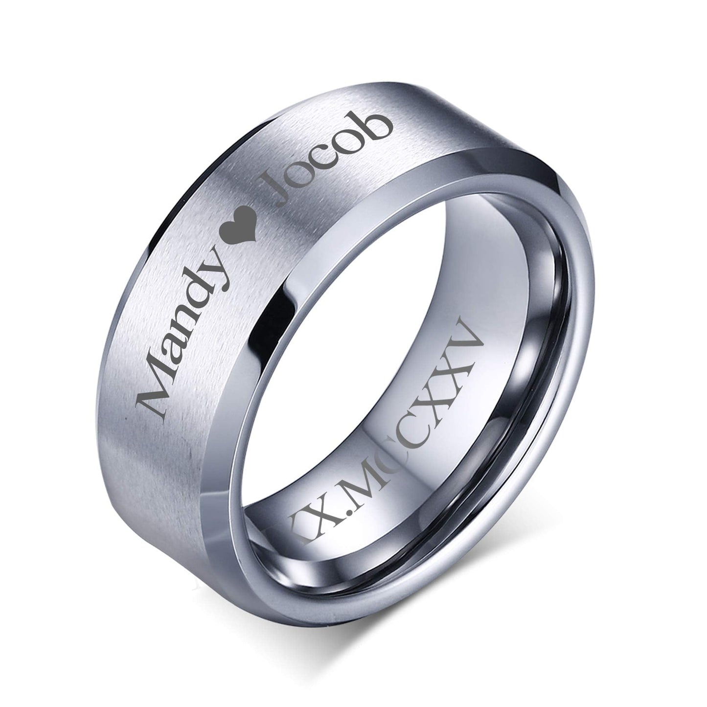 VNOX Customize Personalized Name Date LOVE 8MM Stainless Steel Simple Matte Brushed Finish Wedding Band Engagement Rings for Men Women,Size 12,Silver