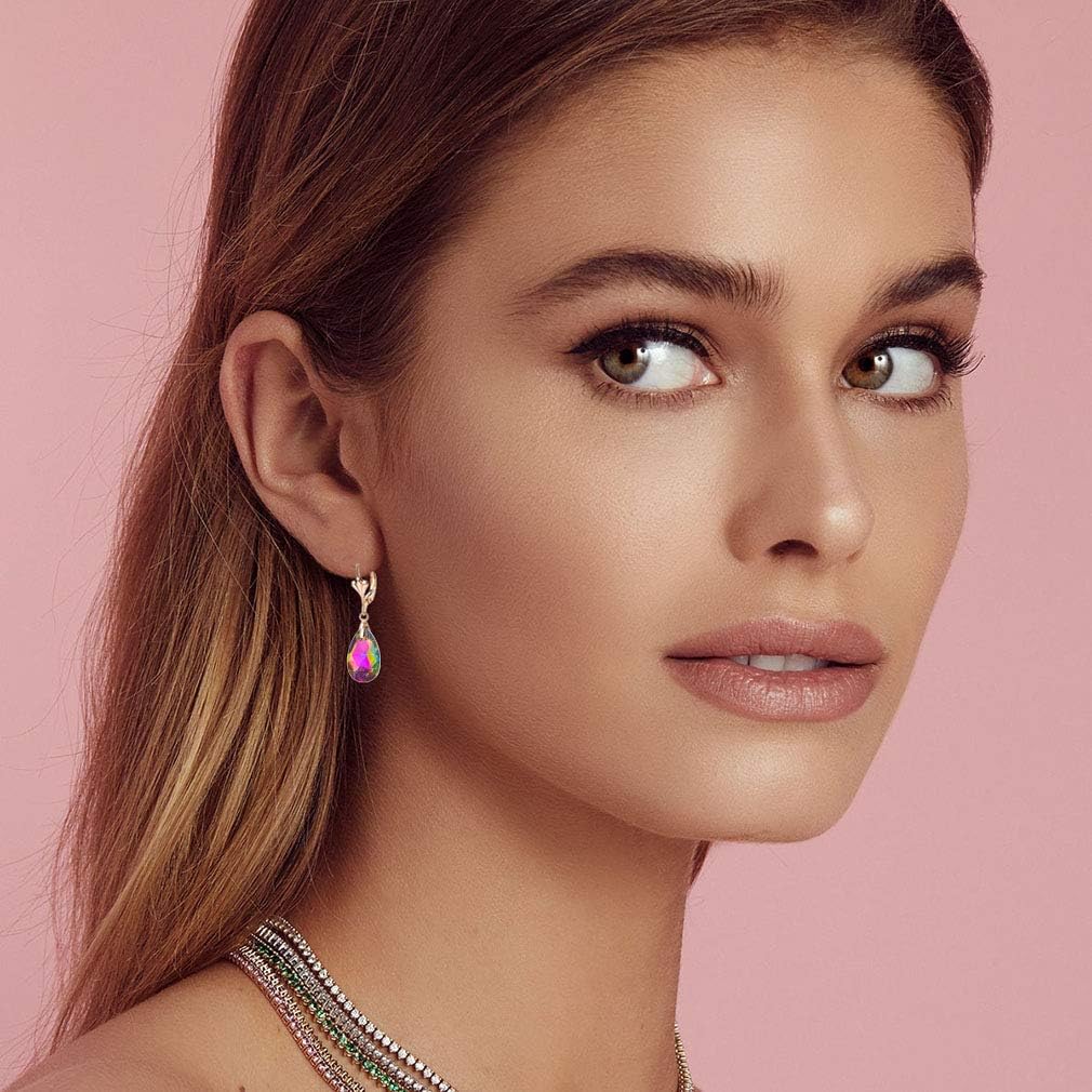 Austrian Crystal Teardrop Leverback Dangle Earrings for Women Fashion 14K Gold Plated Hypoallergenic Jewelry (Vitrail Medium)
