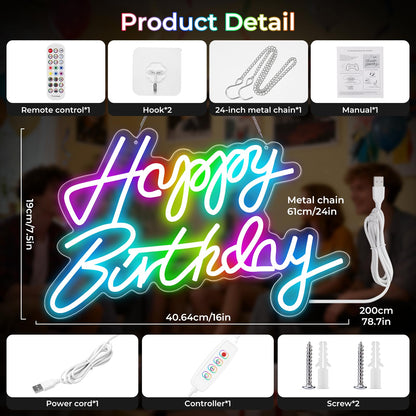 Happy Birthday Sign for Wall Decor, RGB Led Happy Birthday Neon Sign For Party And Remote Control, USB Powered Dimmable Neon Light.Corlorful Happy Birthday Light Up Sign.