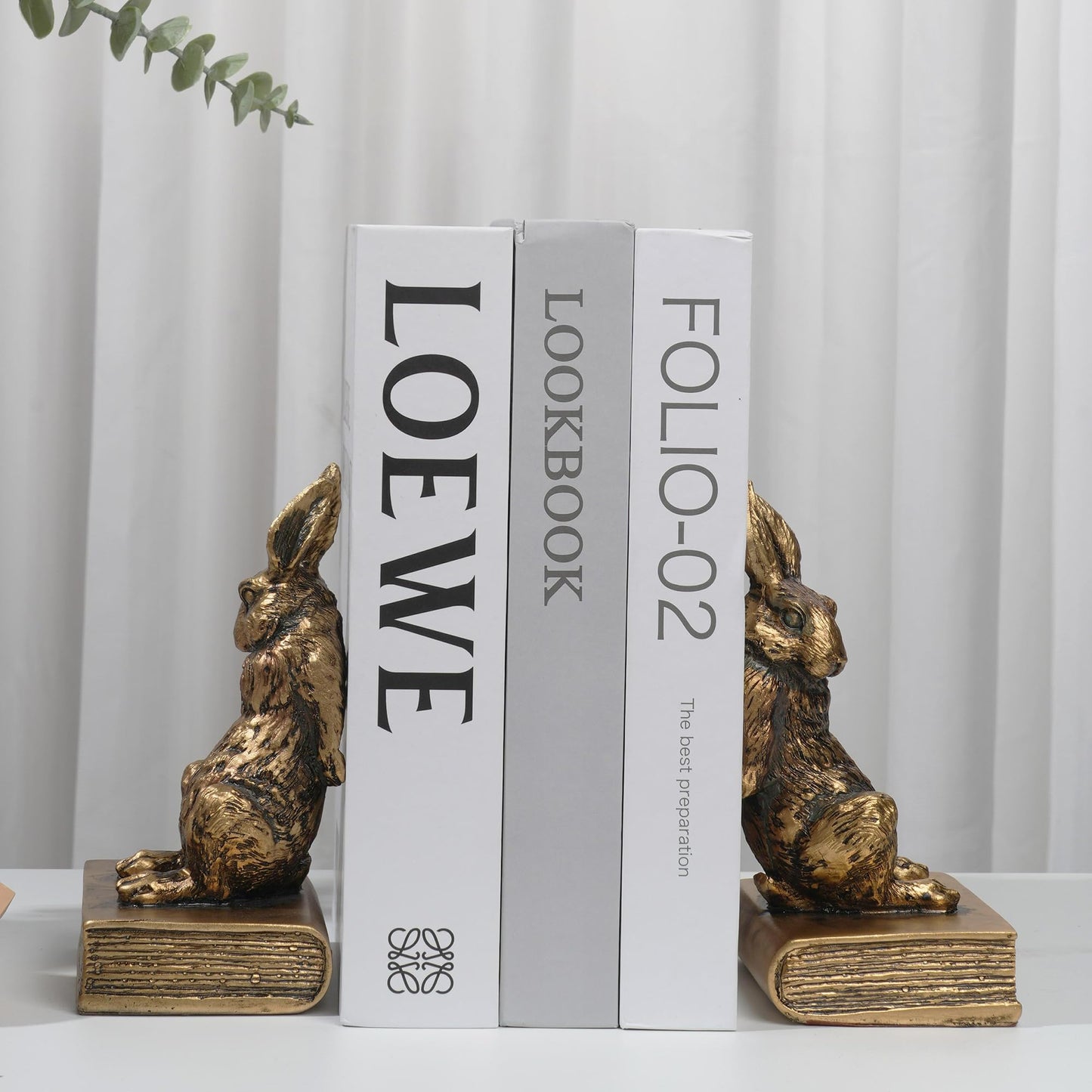Book Ends for Shelves to Hold Books Hevay Duty,Decorative Bookends for Bookshelf Décor,Cute Animal Rabbit Book Stopper Easter Bunny Statues for Home, Office Desk, Living Room Decoration,1 Pair (Gold)