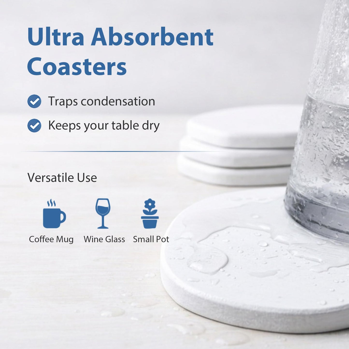 Diatomaceous Earth Coasters Set of 6 for Drinks, Moisture Water Absorbent Stone Coasters for Table Desk at Work, Water Absorbing Instant Drying Diatomite, Modern White