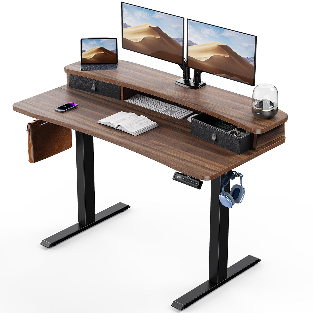 HUANUO 48″ x 24″ Electric Standing Desk with 2 Drawers, C-Clamp Mount Compatible, Height Adjustable Computer Desk, Home Office Stand Up Desk with 4 Preset Heights & 2 Hooks, Walnut