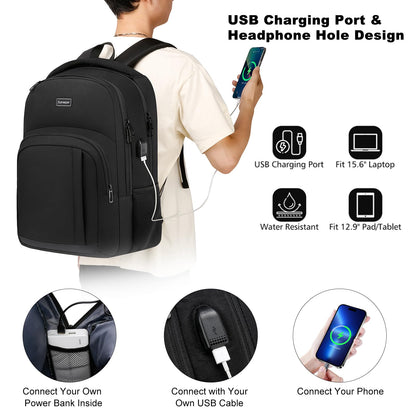 Backpack Men Women School Bags for Boys Girls, Laptop Backpack with USB Charging Port, Business Travel Anti Theft Durable Laptop Bag,Water Resistant Fits 15.6 Inch Laptop