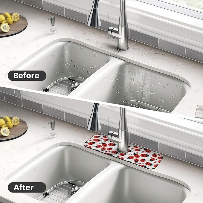 Kitchen Sink Splash Guard Faucet Mat Ladybug Cartoon 15"x5.5", Diatom Mat