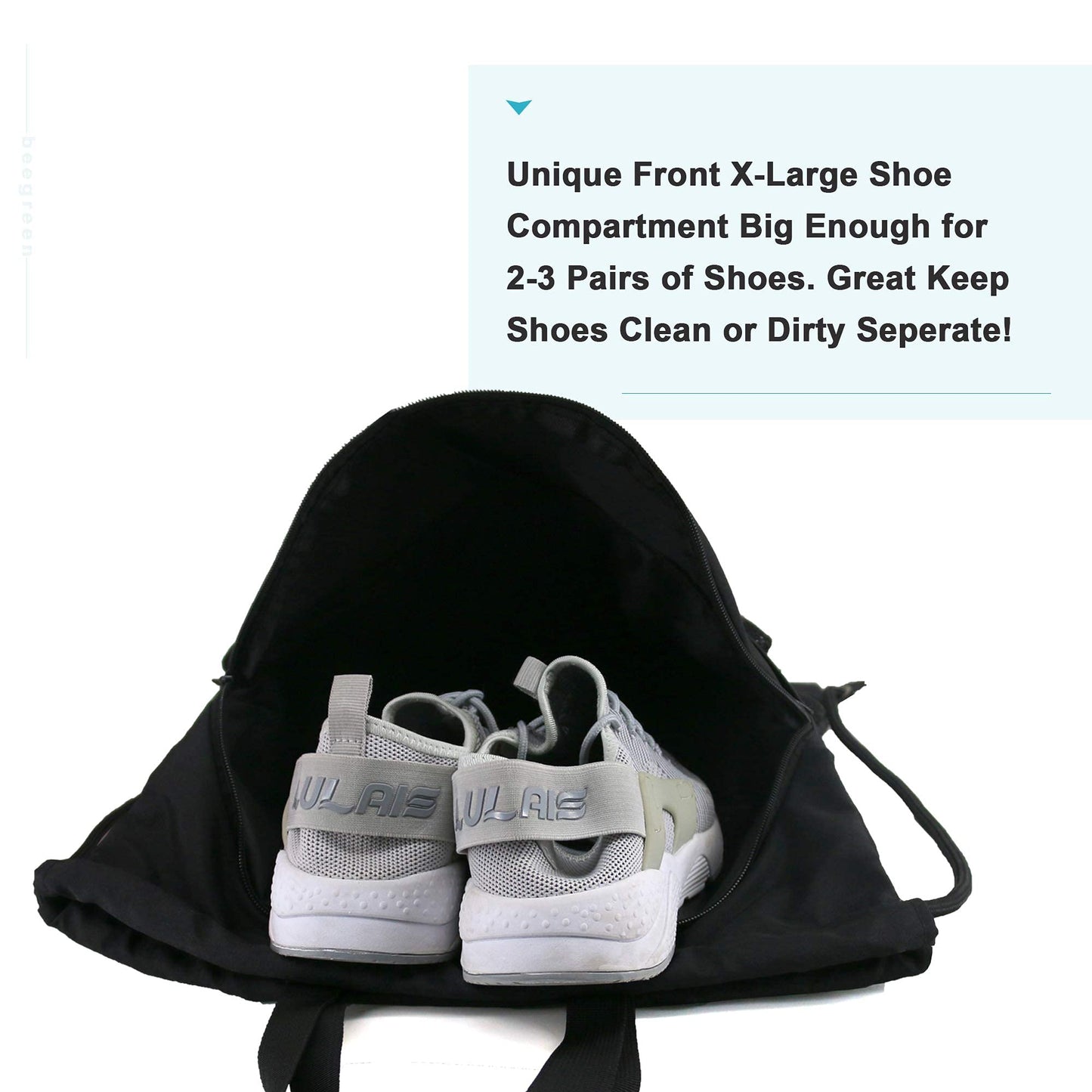 BeeGreen Drawstring Backpack Bag with Shoe Compartment, X-Large Black Gym Sports String Cinch Backpack, Athletic Sackpack with Front Inside Zipper Pockets