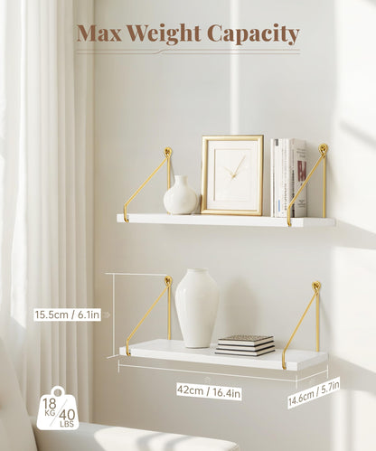 Afuly Floating Shelves for Wall, Metallic Gold White Wall Mounted Shelves, Shelves for Bathroom Kitchen Bedroom Solid Wood Metal Chic Bookshelf, Set of 2