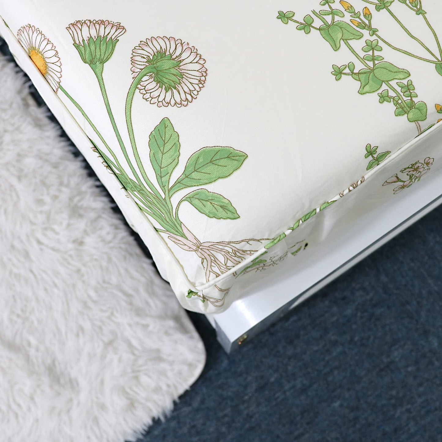 FADFAY Floral Fitted Sheet Set 100% Cotton White Bedding Set Green Flower Printed Pattern Flat Sheet Sets Shabby Comfy Chic Bed Sheet Sets Hypoallergenic Cozy House Sheets (4 Pieces, Full Size)
