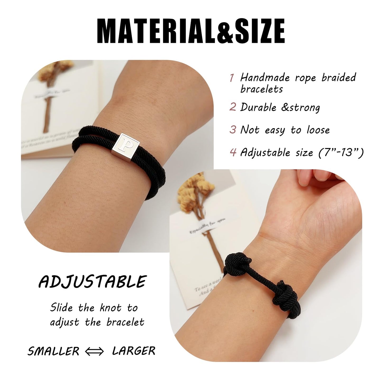 BHDJSHX Personalized Stainless Steel Initial Bracelet for Men-Adjustable Black Braided Cord with A-Z Letter (7-13 Inches) - Unisex Jewelry for Brothers, Son, Boyfriend, or Girlfriend(N)