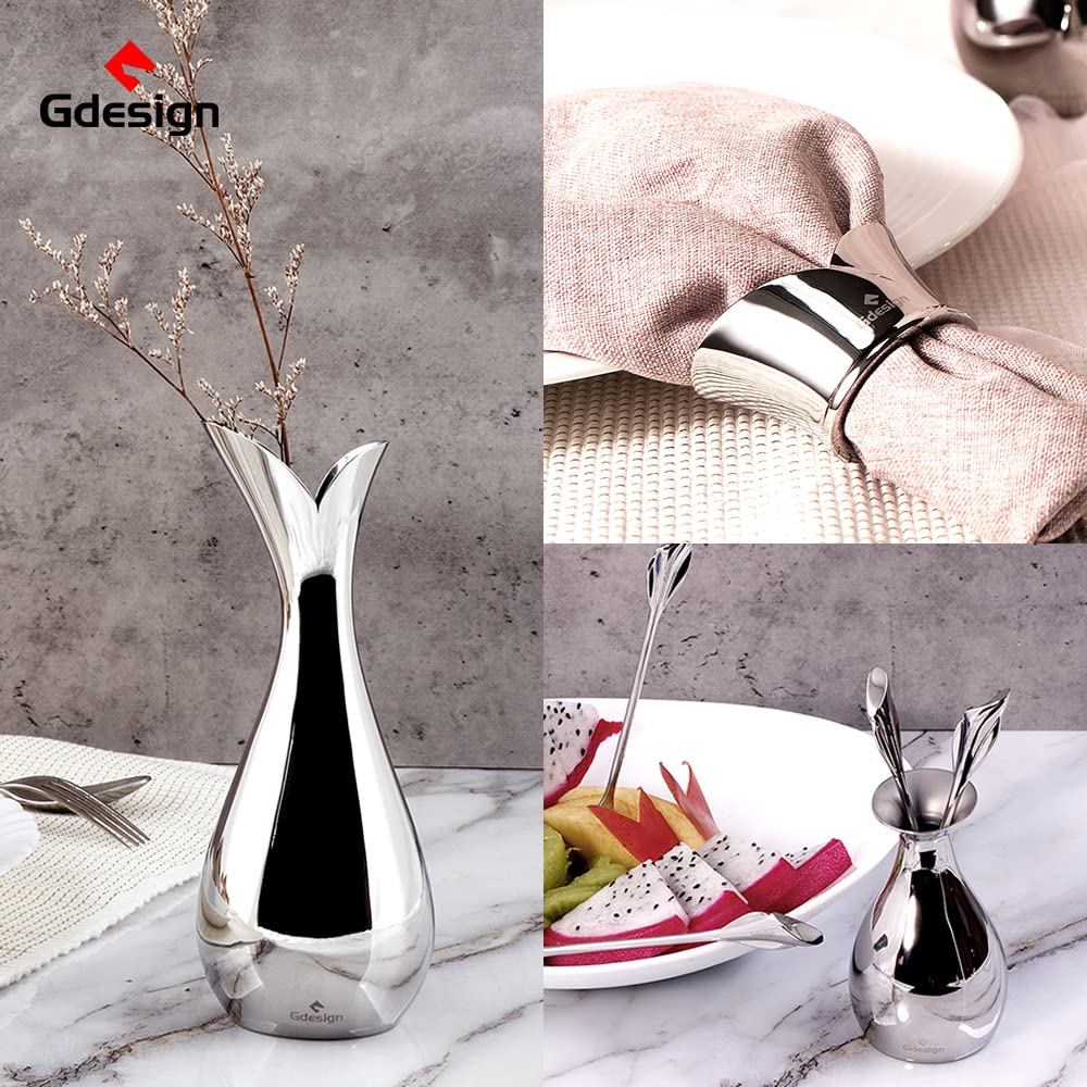 Gdesign Stainless Steel Home Decor Accessory Set, Flatware Table Set with Small Vase, Dessert Fork and Holder, Napkin Ring, Salt and Pepper Shaker, Tealight Candle Holder, Gift for Wedding, Birthday
