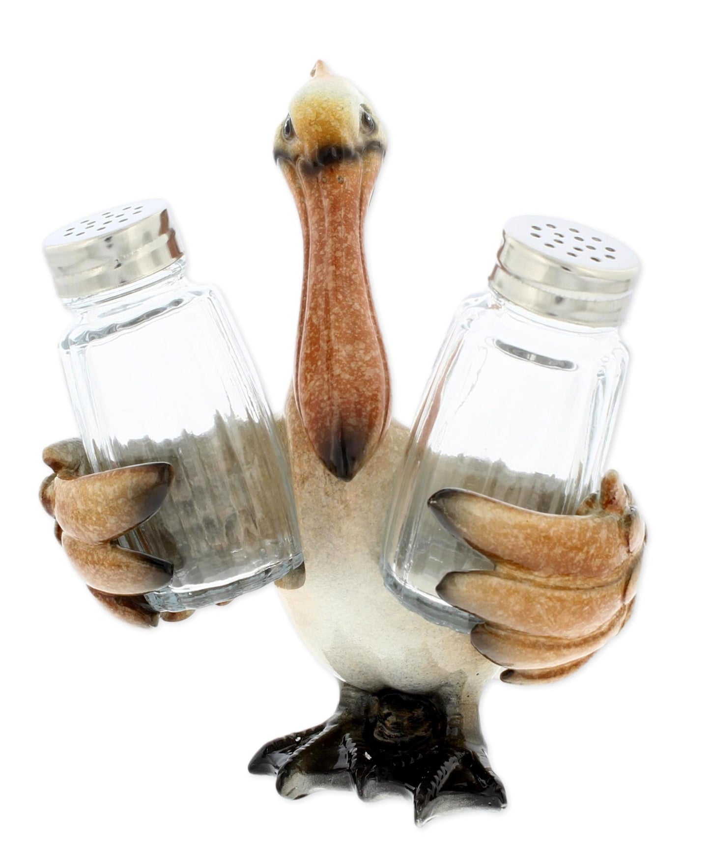 The Bridge Collection Pelican Salt And Pepper Shaker Holder With Glass Shakers - Coastal Bird Kitchen Decor - Nautical Dining Accent For Beach House Or Ocean Theme Table
